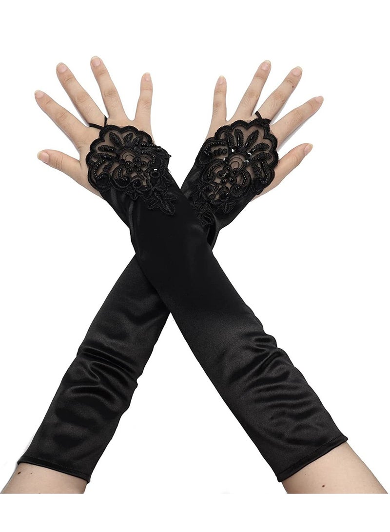 1920s Women Stretchy Fingerless Long Gloves Pierced Elbow Length Satin Hook Finger Gloves for Evening Party(Black)  - Image 1