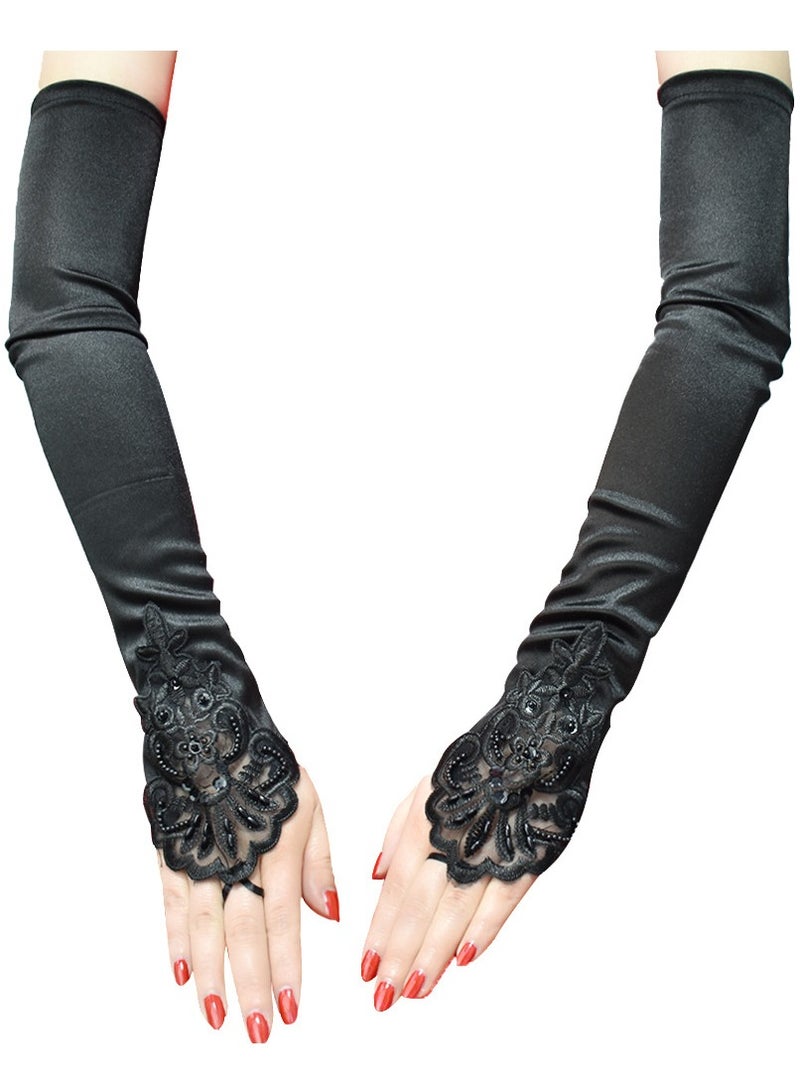 1920s Women Stretchy Fingerless Long Gloves Pierced Elbow Length Satin Hook Finger Gloves for Evening Party(Black)  - Image 3