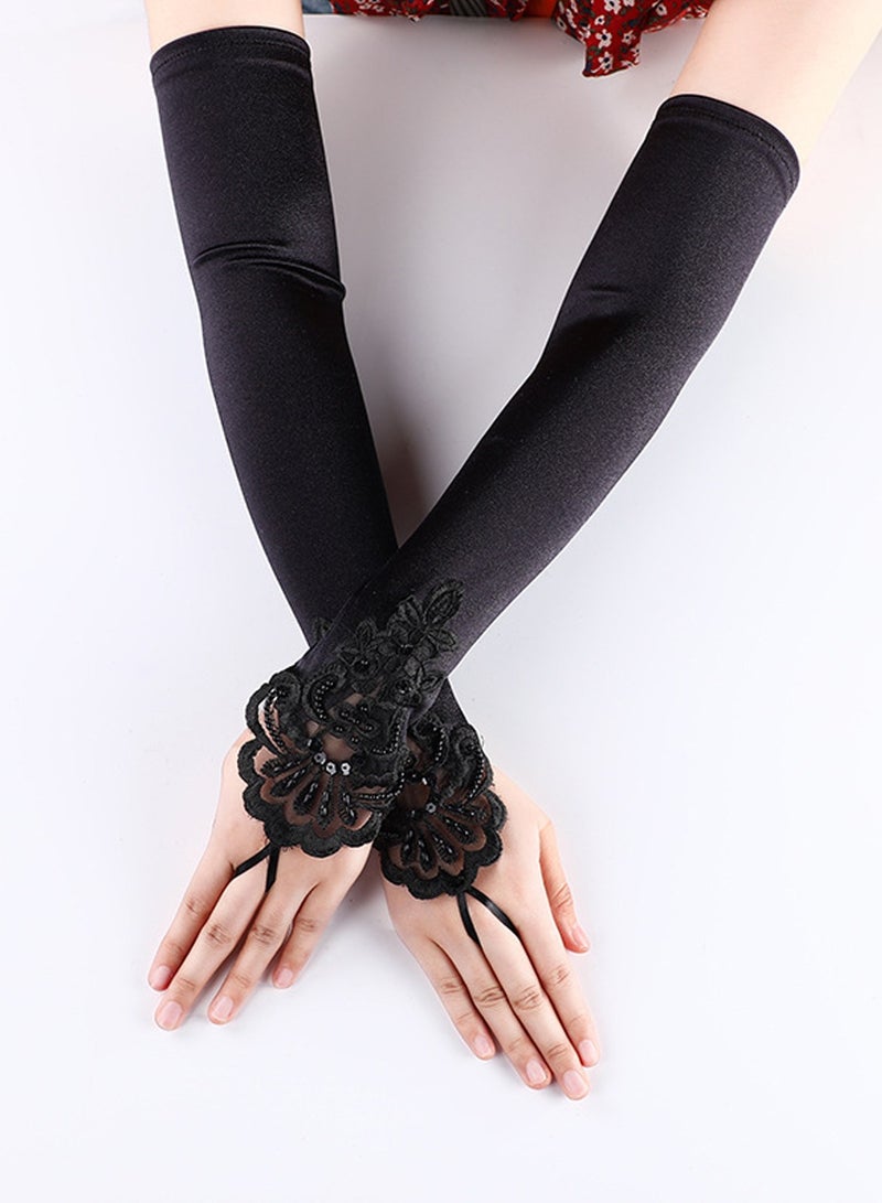 1920s Women Stretchy Fingerless Long Gloves Pierced Elbow Length Satin Hook Finger Gloves for Evening Party(Black)  - Image 4