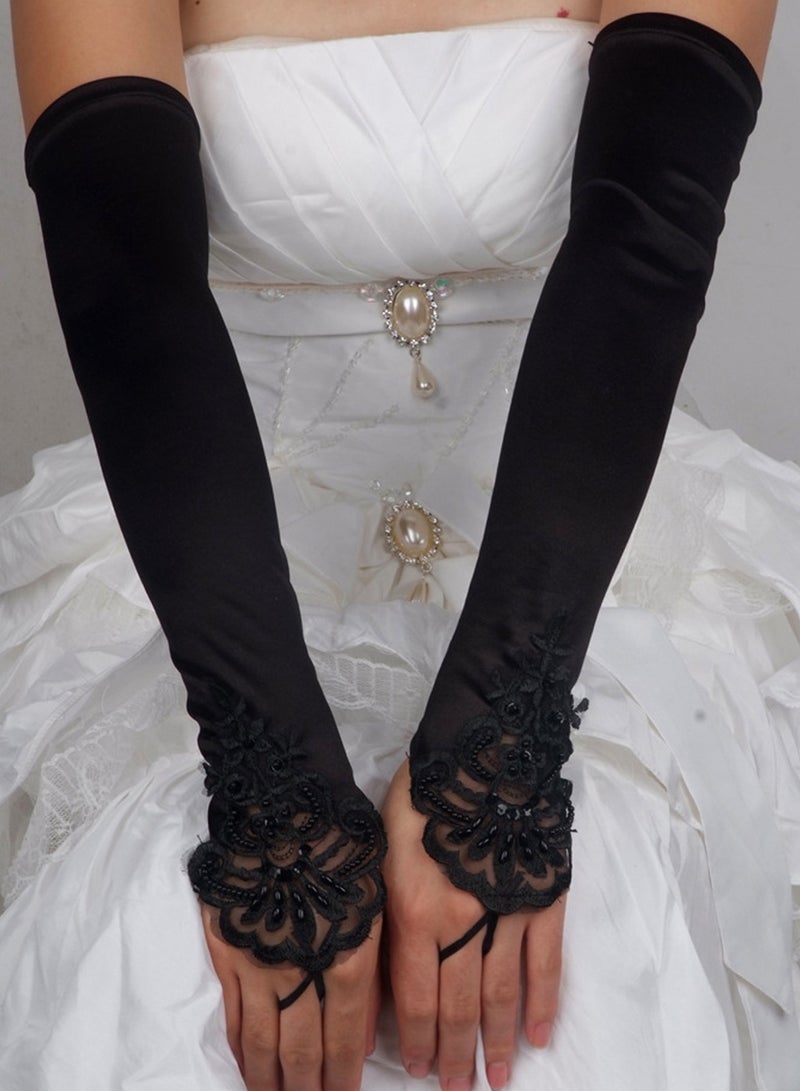 1920s Women Stretchy Fingerless Long Gloves Pierced Elbow Length Satin Hook Finger Gloves for Evening Party(Black)  - Image 2
