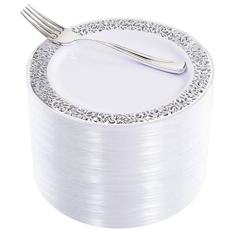 WDF 100pcs Silver Plastic Dessert Plates 75 with 100 Pieces Disposable Forks 74 Silver Plates Appetizer Plates Small Plates Fancy Salad Plates and Cake Plates for PartyWedding