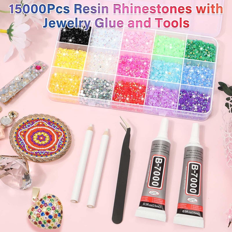 shynek B-7000 Glue with 15000Pcs Craft Rhinestones, Resin Jelly Rhinestones Flat Back Gems Crystals for Crafts Bling with Fabric Glue for Crafting Tumblers, Wedding Shoes Graduation Cap Decor - Image 3