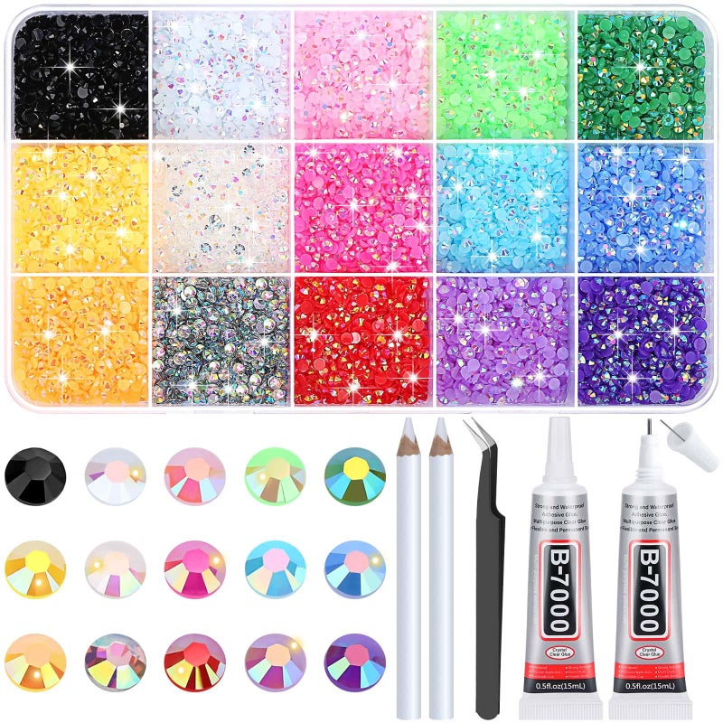 shynek B-7000 Glue with 15000Pcs Craft Rhinestones, Resin Jelly Rhinestones Flat Back Gems Crystals for Crafts Bling with Fabric Glue for Crafting Tumblers, Wedding Shoes Graduation Cap Decor - Image 1