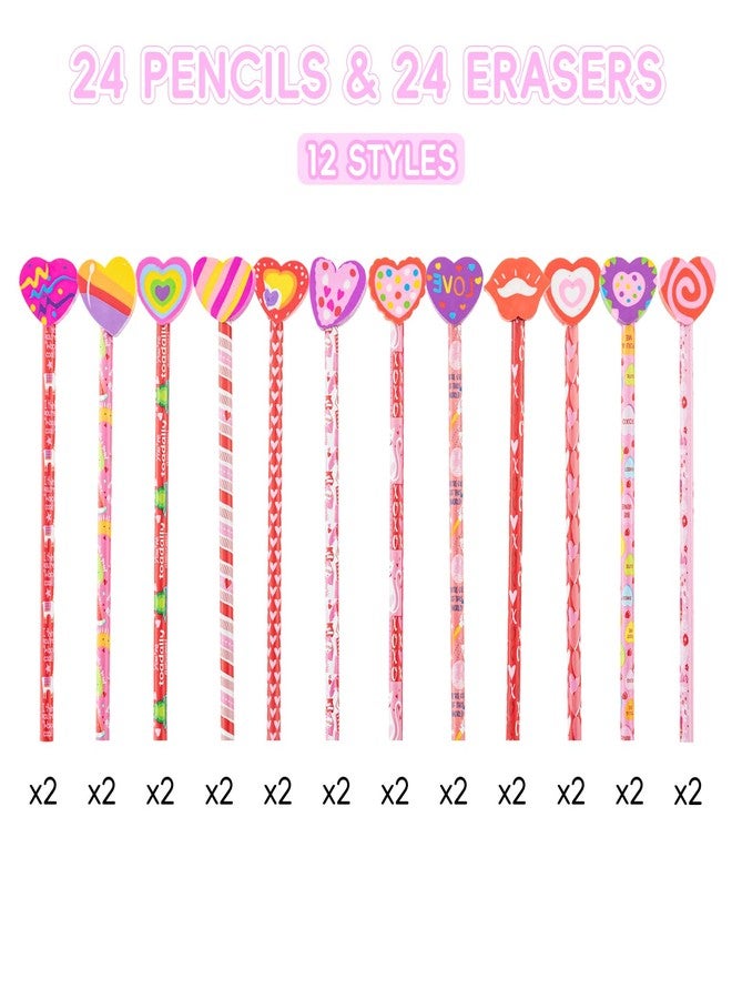 Jocomoni 24 Pieces Valentine's Day Pencils Heart Wood Pencils with Giant Heart Shaped Eraser Assorted Designs Valentines Stationery Pencil for Valentine's Day Bag Goodie Bag Filler Gift Prize Party Favor - Image 3