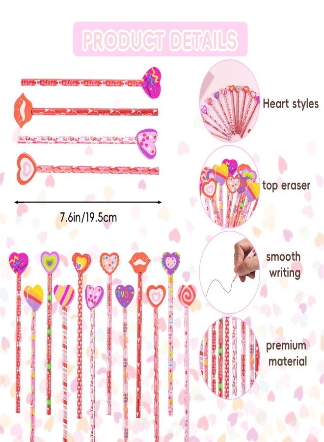 Jocomoni 24 Pieces Valentine's Day Pencils Heart Wood Pencils with Giant Heart Shaped Eraser Assorted Designs Valentines Stationery Pencil for Valentine's Day Bag Goodie Bag Filler Gift Prize Party Favor - Image 2