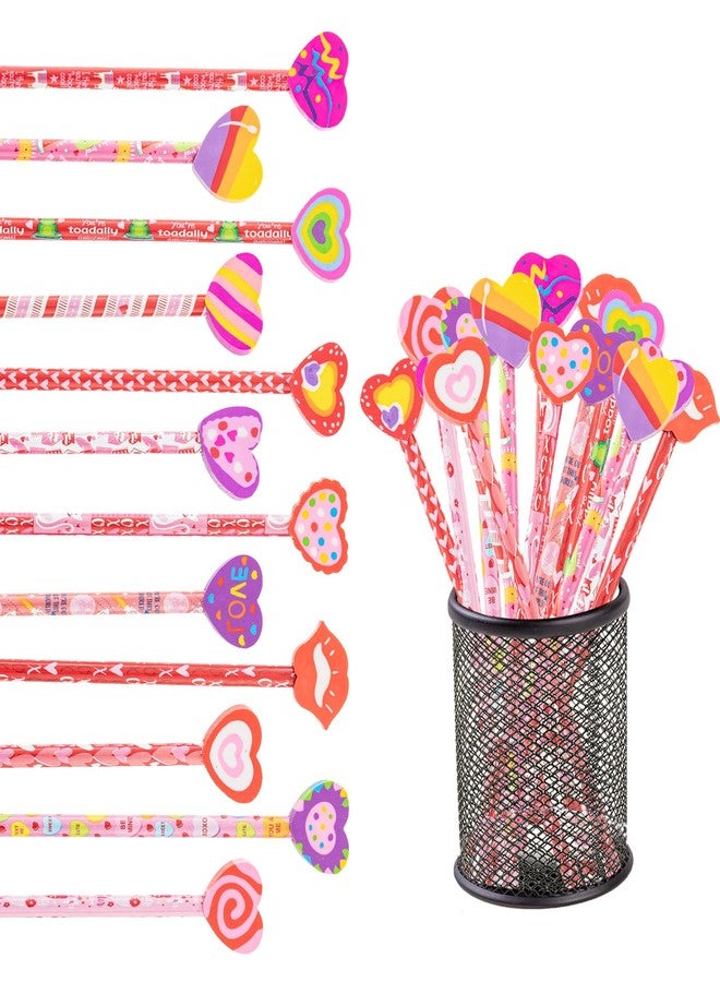 Jocomoni 24 Pieces Valentine's Day Pencils Heart Wood Pencils with Giant Heart Shaped Eraser Assorted Designs Valentines Stationery Pencil for Valentine's Day Bag Goodie Bag Filler Gift Prize Party Favor - Image 4