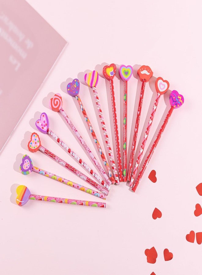 Jocomoni 24 Pieces Valentine's Day Pencils Heart Wood Pencils with Giant Heart Shaped Eraser Assorted Designs Valentines Stationery Pencil for Valentine's Day Bag Goodie Bag Filler Gift Prize Party Favor - Image 5