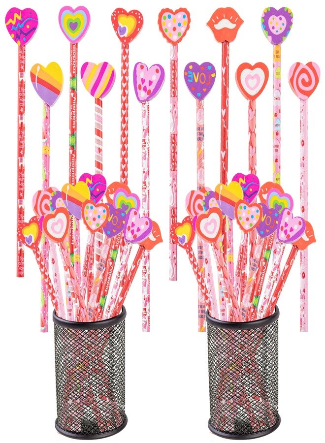 Jocomoni 24 Pieces Valentine's Day Pencils Heart Wood Pencils with Giant Heart Shaped Eraser Assorted Designs Valentines Stationery Pencil for Valentine's Day Bag Goodie Bag Filler Gift Prize Party Favor - Image 1