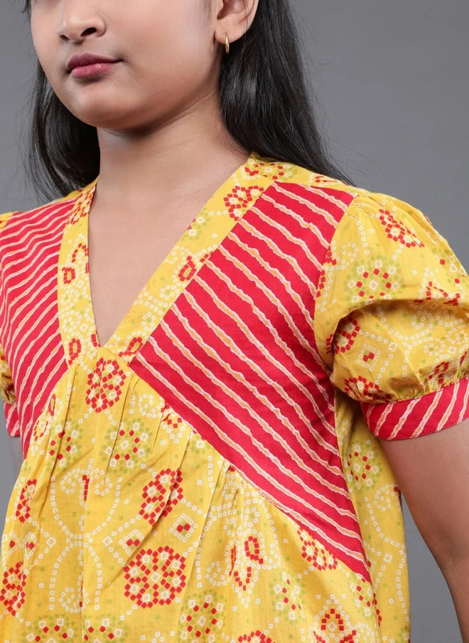 أيه كيه إس طقم كورتا مطبوع باللون الأصفر بنقشة بانداني للبنات