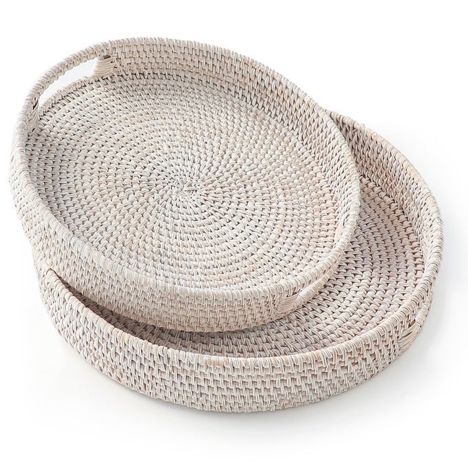 HandWoven Round Rattan Serving Tray Decorative Ottoman Wicker Platter with Handles for Coffee Table Breakfast Drinks Snack Bread Fruit Vegetables Whitewash Set of 2 ML