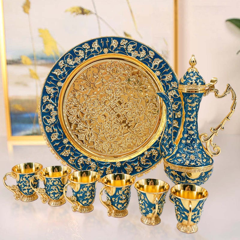 Igtazy Turkish Coffee Cup and Tea Pot Set Including Teapot,Tea Tray,6 Metal Cups,Tea Service Set for Tea Table Decor,Hip Flask (Blue and Gold) - Image 5