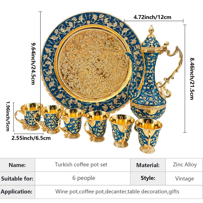 Igtazy Turkish Coffee Cup and Tea Pot Set Including Teapot,Tea Tray,6 Metal Cups,Tea Service Set for Tea Table Decor,Hip Flask (Blue and Gold) - Image 2