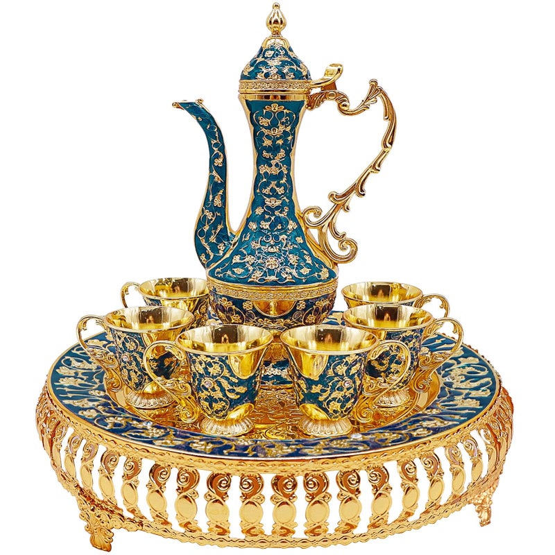 Igtazy Turkish Coffee Cup and Tea Pot Set Including Teapot,Tea Tray,6 Metal Cups,Tea Service Set for Tea Table Decor,Hip Flask (Blue and Gold) - Image 1