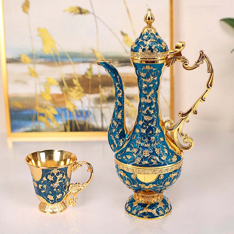 Igtazy Turkish Coffee Cup and Tea Pot Set Including Teapot,Tea Tray,6 Metal Cups,Tea Service Set for Tea Table Decor,Hip Flask (Blue and Gold) - Image 3