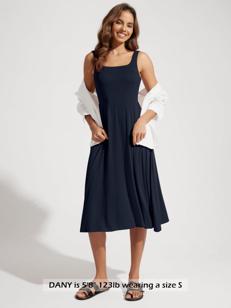 ODODOS Square Neck Midi Dress with Pockets for Women Summer Casual Sleeveless Sundress Flare Tank Dress, Deep Navy, Large - Image 4