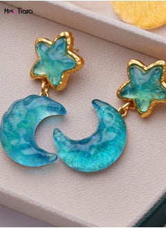 Star Moon Shape Drop Dangle Earrings Blue