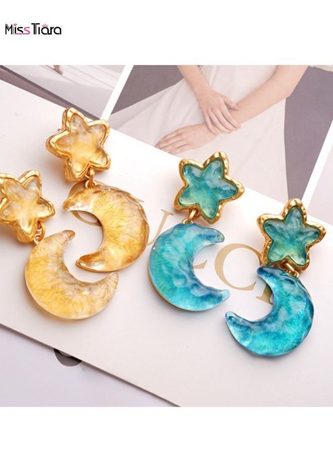 MissTiara - Star Moon Shape Drop Dangle Earrings Blue - Image 1