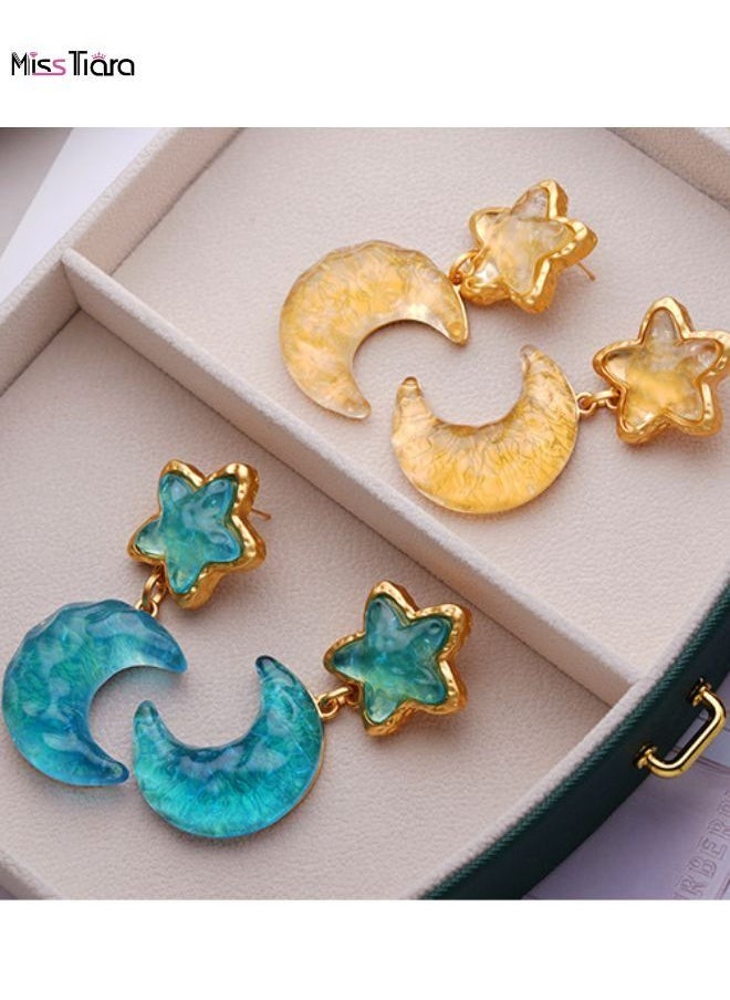 MissTiara - Star Moon Shape Drop Dangle Earrings Blue - Image 1