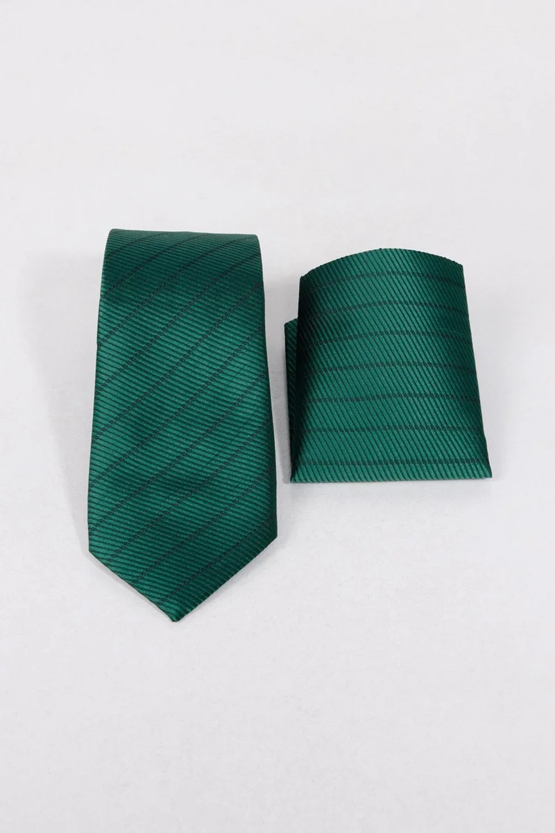 تودورس Classic Patterned Green Tie with Pocket Handkerchief