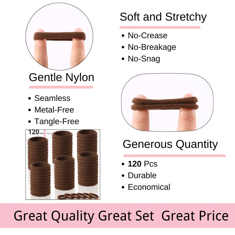 LuSeren 120 Pcs No Damage Hair Ties for Thick Hair, Large Soft Seamless Nylon Hair Elastics for Women, Ponytail Holders, Hair Accessories â€“ brown - Image 3