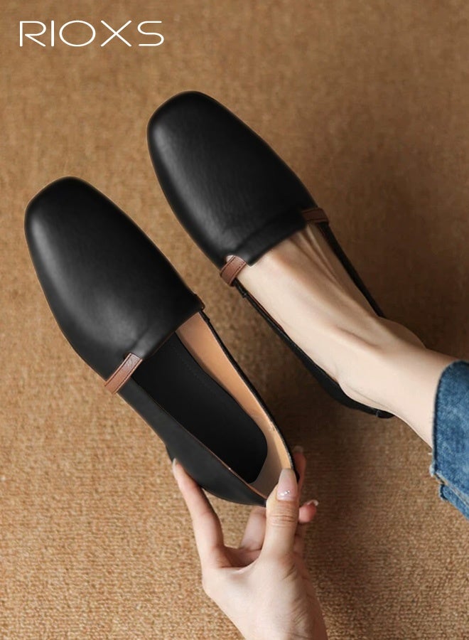 RIOXS Women's Mary Jane, British Style Mary Jane Shoes for Women, Closed Square Toe Low Heel Loafers, Slip-on Ballet Shoes, Elegant Dressy Shoes for Ladies, Anti-slip Walking Shoes, Lightweight Work Shoes, Comfort Versatile Penny Loafers, Flats for Wedding Casual or Daily Wear, Classic Black Footwear - Image 1