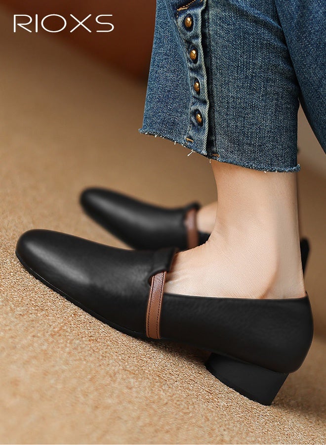 RIOXS Women's Mary Jane, British Style Mary Jane Shoes for Women, Closed Square Toe Low Heel Loafers, Slip-on Ballet Shoes, Elegant Dressy Shoes for Ladies, Anti-slip Walking Shoes, Lightweight Work Shoes, Comfort Versatile Penny Loafers, Flats for Wedding Casual or Daily Wear, Classic Black Footwear - Image 2
