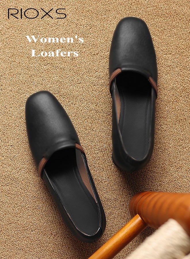 RIOXS Women's Mary Jane, British Style Mary Jane Shoes for Women, Closed Square Toe Low Heel Loafers, Slip-on Ballet Shoes, Elegant Dressy Shoes for Ladies, Anti-slip Walking Shoes, Lightweight Work Shoes, Comfort Versatile Penny Loafers, Flats for Wedding Casual or Daily Wear, Classic Black Footwear - Image 4