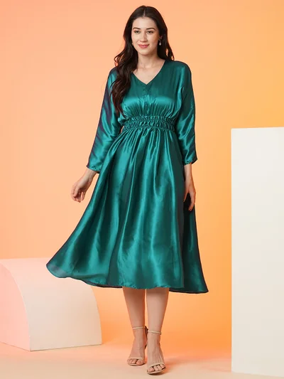 globus Globus Women Green V-Neck Smocked Satin Fit & Flare Midi Party Dress