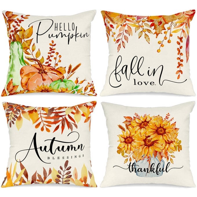 AUTUMN 45X45 CUSHION COVERS SET OF 4 PUMPKIN SUNFLOWER DECORATIVE HOLIDAY 18X18 INCH FALL THROW PILLOW COVERS THANKSGIVING PILLOW CASE FOR INDOOR HOME BEDROOM COUCH SOFA DECOR 45X45CM