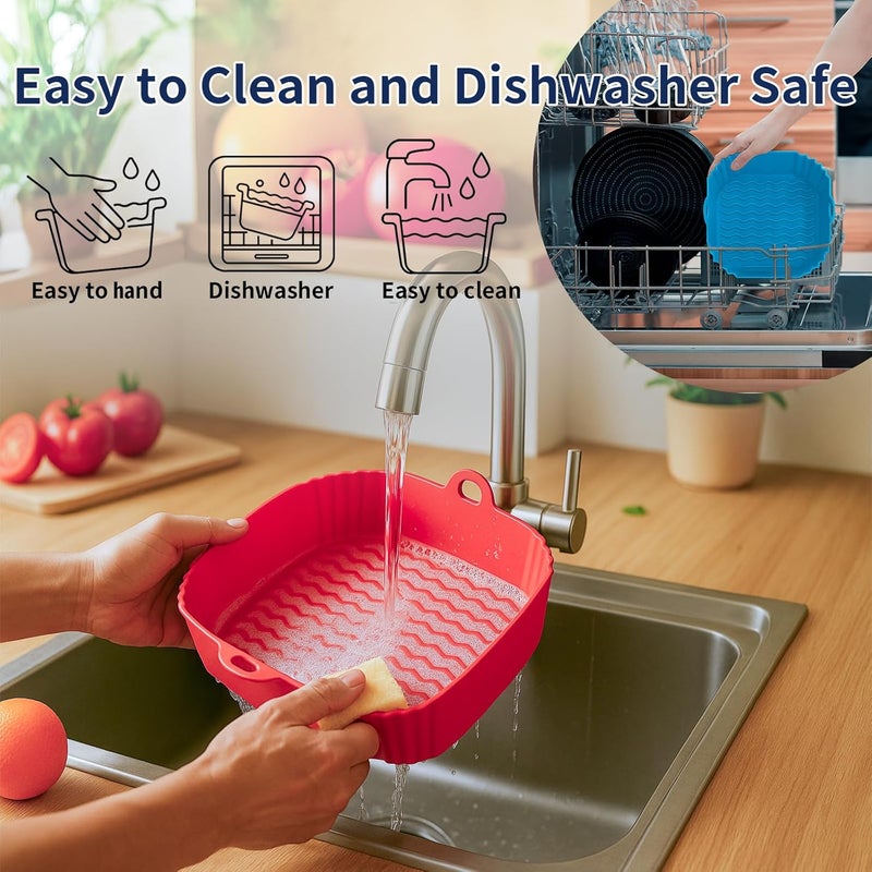 Boribim 9 Inch Large Air Fryer Silicone Liners - 2 PCS Square Reusable AirFryer Basket Liners for 5-8QT Air fryer, Air fryer Accessories for Baking Roasting Microwave (Red + Blue) - Image 4