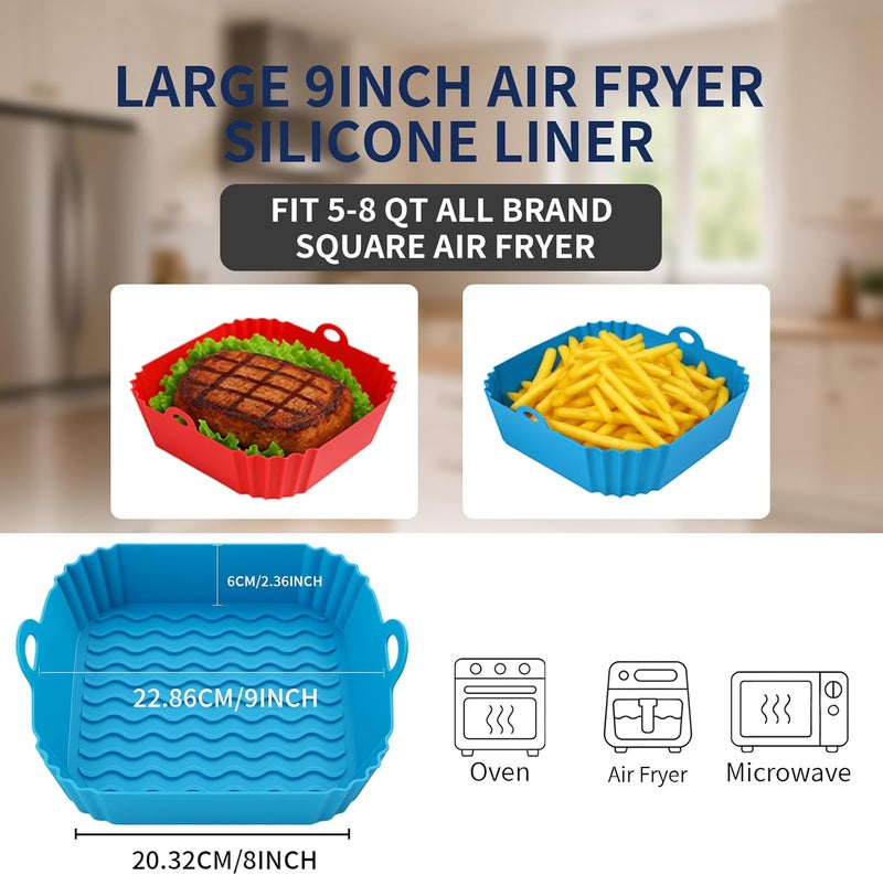 Boribim 9 Inch Large Air Fryer Silicone Liners - 2 PCS Square Reusable AirFryer Basket Liners for 5-8QT Air fryer, Air fryer Accessories for Baking Roasting Microwave (Red + Blue) - Image 2