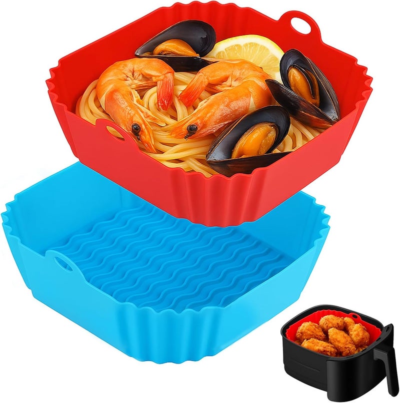 Boribim 9 Inch Large Air Fryer Silicone Liners - 2 PCS Square Reusable AirFryer Basket Liners for 5-8QT Air fryer, Air fryer Accessories for Baking Roasting Microwave (Red + Blue) - Image 1