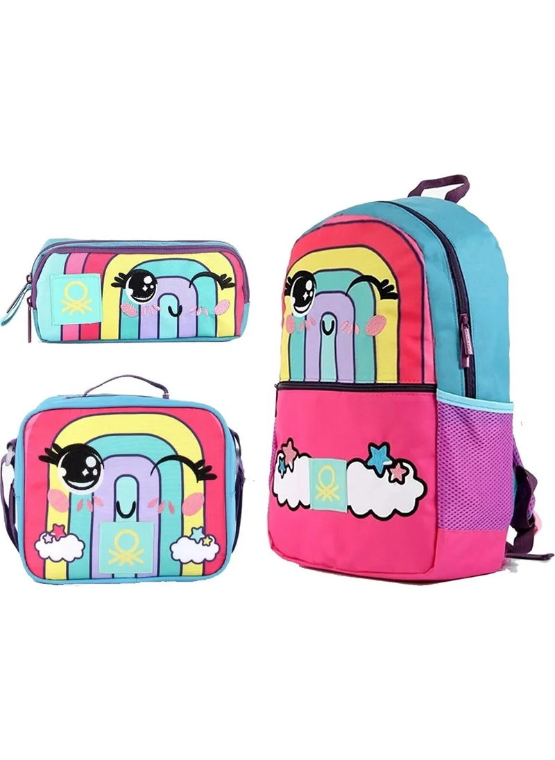 UNITED COLORS OF BENETTON Rainbow Patterned Triple School Bag Set (Single Compartment Backpack, Double Compartment Pencil Bag, Lunch Bag)