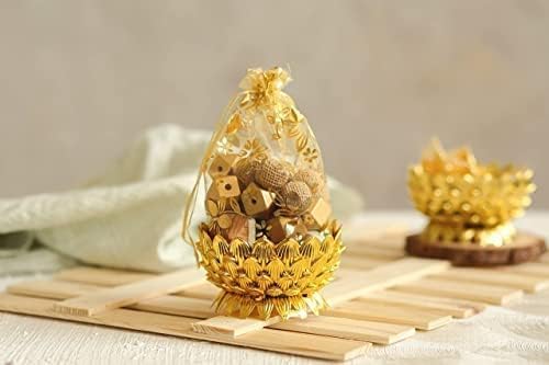 Satyam Kraft SATYAM KRAFT 6 Pcs Mini Acrylic Lotus Golden Decorative Boxes | Multipurpose Gift Packaging for Wedding, Pooja, Haldi, Mehendi, Return Gifts, Dry Fruits, Sweets, Potli & Festive Hampers | Traditional Favor potli (Gold, Round, 14 x 7.5 cm)  - Image 5