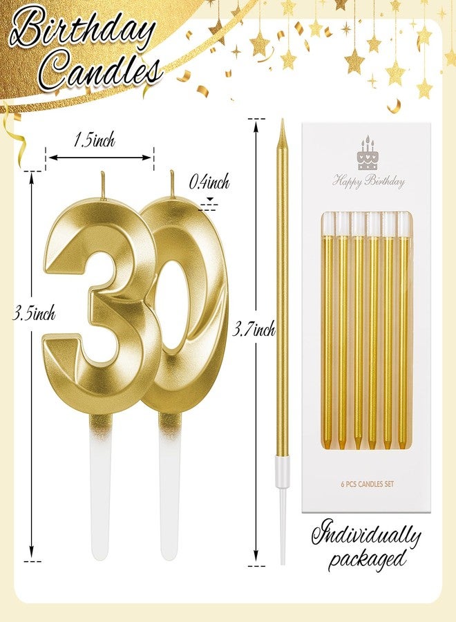 Mtlee Gold 30th Birthday Candles Set for Cakes Including Thin Metallic and Number Birthday Candles for Anniversary Celebration Party Topper Decorations Men Women - Image 2