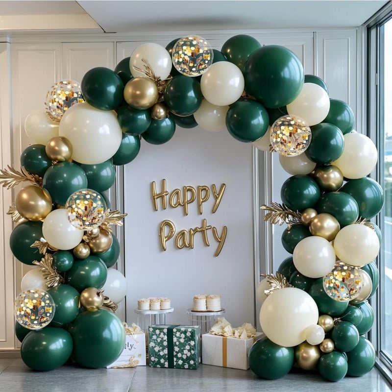 PUFFLD Emerald Green and Gold Balloons Arch Kit, Double Stuffed Dark Hunter Forest Green Pearl Sand White Metallic Gold Balloons for Jungle Wedding Birthday Graduation Party St. Patrick's Day Decorations - Image 1