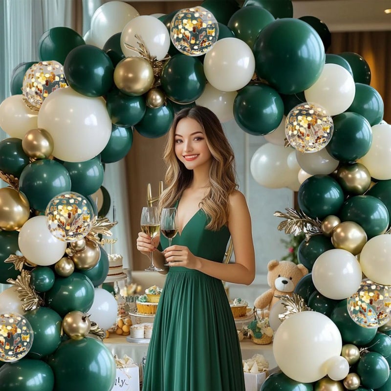 PUFFLD Emerald Green and Gold Balloons Arch Kit, Double Stuffed Dark Hunter Forest Green Pearl Sand White Metallic Gold Balloons for Jungle Wedding Birthday Graduation Party St. Patrick's Day Decorations - Image 5