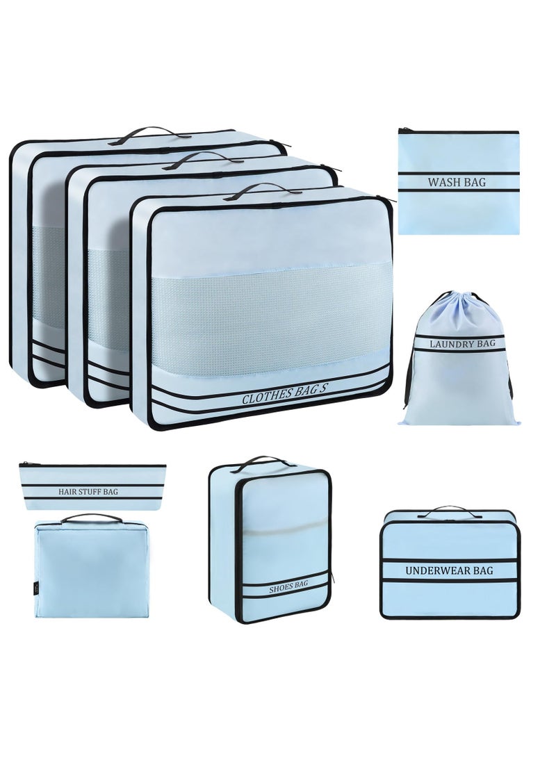 Excefore 9 مجموعة من مكعبات التعبئة منظم الأمتعة، حقيبة أساسية خفيفة للسفر لملحقات السفر، سحاب شبكي خفيف، حقائب سفر موفرة للمساحة للملابس، الأحذية، الحقائب، زرقاء - Image 1