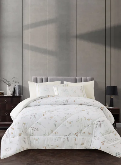 Donetella Comforter Set 6-Pcs King Size Printed Reversible Double Bed FIt 200 x 200 CM All Season Comforter With (350 GSM) Down Alternative Filling, Green White