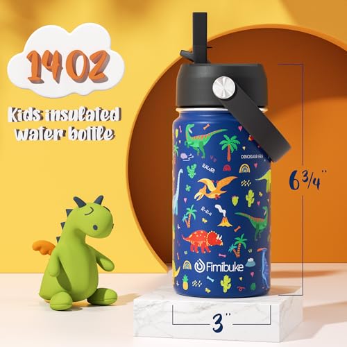 Fimibuke Kids Insulated Water Bottle 14oz BPA FREE 188 Stainless Steel Travel Tumbler Double Wall Vacuum Leak Proof Kids Cup with Straw Metal Bottle for School Boys Girls1 Pack BLUE DINOSAUR - Image 3