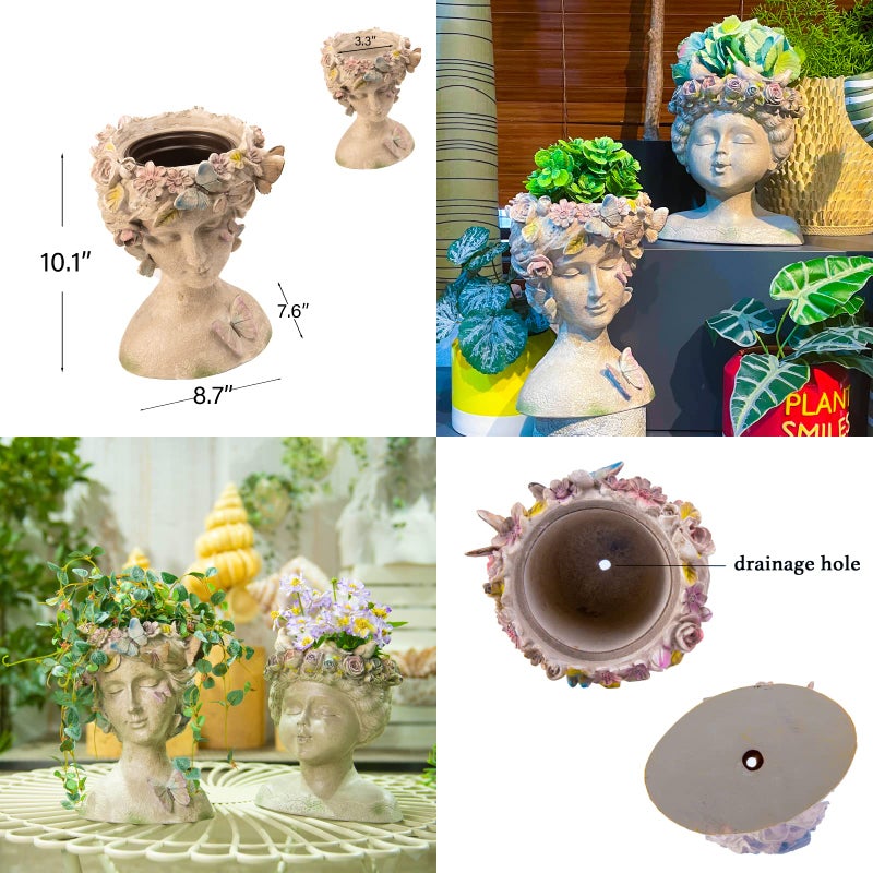 LC LCdecohome Face Flower Pot Head-Planters Succulent - 10 Inch Garden Resin Face Planter with Drainage Hole for Indoor and Outdoor Plant 7.75 * 6.75 * 10 Inch - Image 4