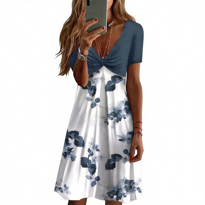 Women's V-Neck Short Sleeve High-Waist Patchwork Flared Casual Dress