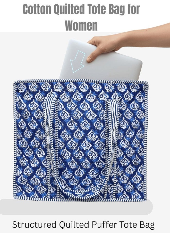Third Eye Export 100% Cotton Quilted Tote Bag 18x16- Large Zipper Beach Bag & Travel Bag Green Purse Reusable Grocery Bags, Indigo Block Print - Image 5
