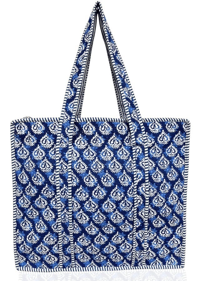 Third Eye Export 100% Cotton Quilted Tote Bag 18x16- Large Zipper Beach Bag & Travel Bag Green Purse Reusable Grocery Bags, Indigo Block Print - Image 1