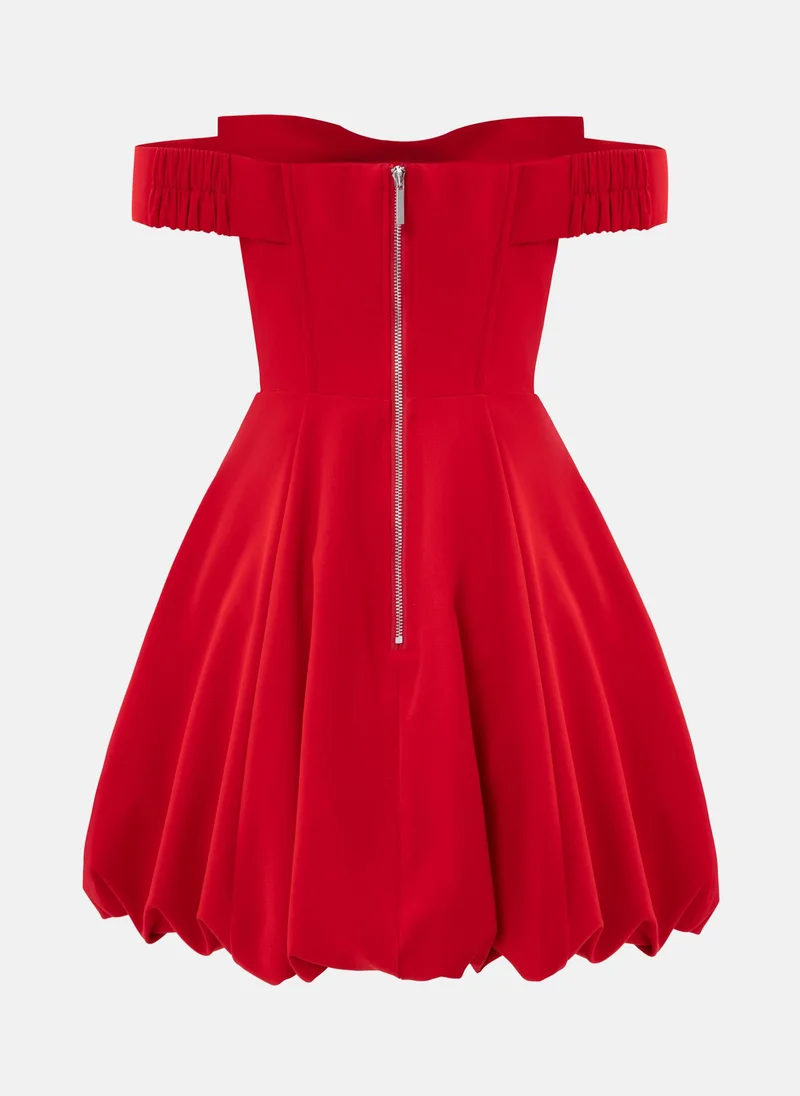 Lichi Mini dress with open shoulders and bow at the bodice