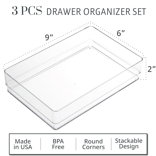 STORi SimpleSort 3-Piece Stackable Clear Drawer Organizer Set | 9" x 6" x 2" Rectangle Trays | Wide Makeup Vanity Storage Bins and Office Desk Drawer Dividers | Made in USA - Image 2