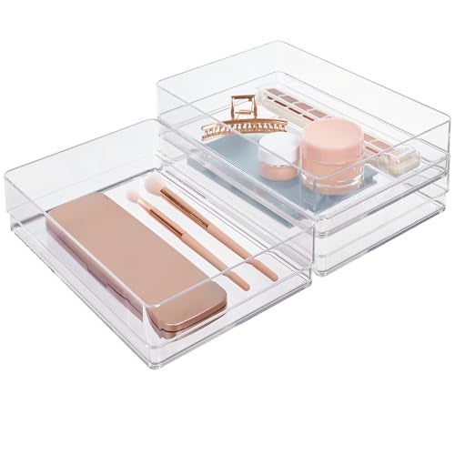 STORi SimpleSort 3-Piece Stackable Clear Drawer Organizer Set | 9" x 6" x 2" Rectangle Trays | Wide Makeup Vanity Storage Bins and Office Desk Drawer Dividers | Made in USA - Image 1