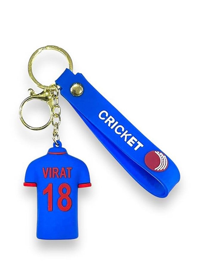 Unyks Star Silicone Key Ring Virat-18 Jersey Team India Cricket Keychain Blue with Strape Cricket Ball Design (Pack Of 1) - Image 1