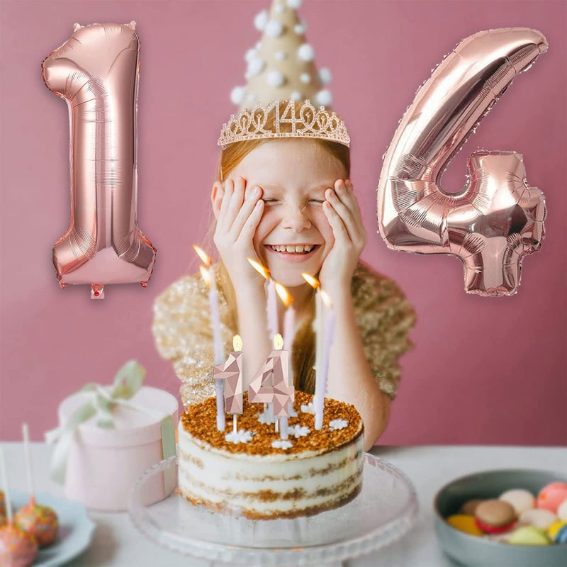 Awfrky 8Pcs 14Th Birthday Decorations For Girls  Including 14 Year Old Birthday Cake Topper  Birthday Queen Sash With Pearl Pin  Sweet Rhinestone Tiara Crown  Number Candles And Balloons Set  Rose Gold - Image 5