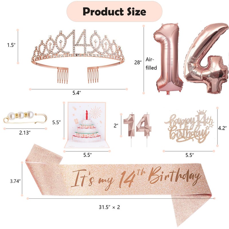 Awfrky 8Pcs 14Th Birthday Decorations For Girls  Including 14 Year Old Birthday Cake Topper  Birthday Queen Sash With Pearl Pin  Sweet Rhinestone Tiara Crown  Number Candles And Balloons Set  Rose Gold - Image 2